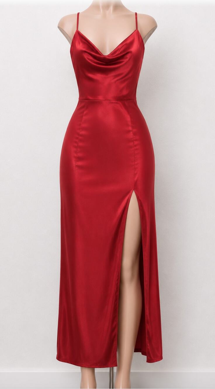 D&M Red Sexy Spaghetti Strap Drape Neck Front Slit Back Zip Satin Dress Small
